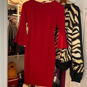 Calvin Klein Bell Sleeve Fitted Midi Dress US 0 Petite Red